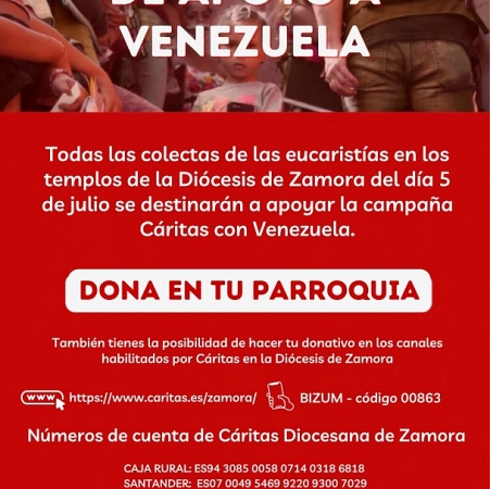 La Diócesis de Zamora destinará la colecta del domingo 5 de julio a Cáritas Venezuela